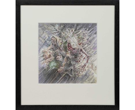 * PETER HOWSON OBE (SCOTTISH b. 1958),THE LASTmixed media on paper, signed and dated 2018, titled label versoimage size 24cm 