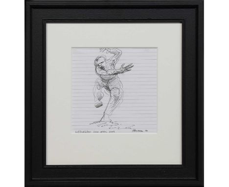 * PETER HOWSON OBE (SCOTTISH b. 1958),SPINNING MANink on paper, signed and dated 10 April 2022image size 19cm x 19cm, overall