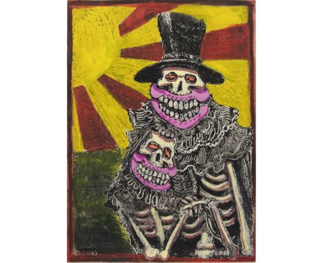 SWEET TOOF (BRITISH b 1971), LOVERS hand embellished woodcut, artist proof, signed 70cm x 50cm Unframed Note: Sweet Toof’s wo