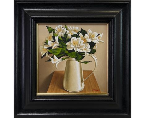 GRAHAM MCKEAN, WHITE FLOWERS IN WHITE TIN JUG oil on canvas, signed 50cm x 40cm Framed
