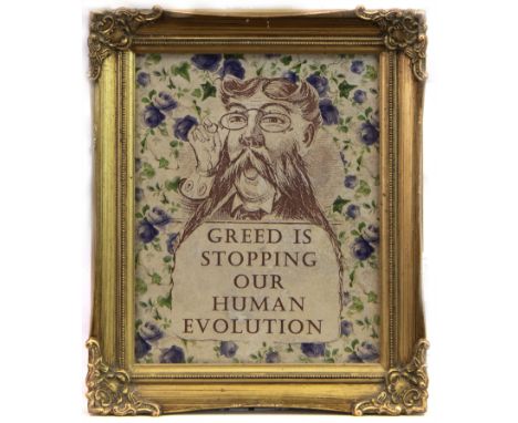 CARRIE REICHARDT (BRITISH b 1966), GREED IS STOPPING OUR HUMAN EVOLUTION ceramic tile, signed and dated 2013 verso 25cm x 20c