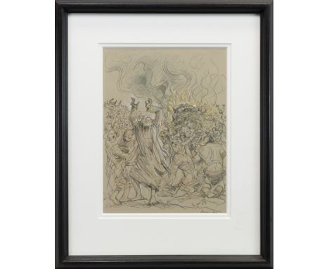 * PETER HOWSON OBE (SCOTTISH b 1958), MOSES AND THE BURNING BUSH mixed media on paper, signed and dated 2012 40cm x 30cm Moun