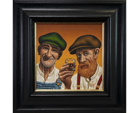 GRAHAM MCKEAN, A WEE DRAM FOR THE TWO DISTILLERS oil on canvas, signed 30cm x 30cm Framed
