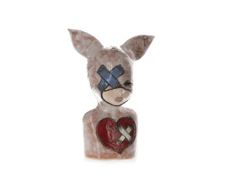 IWO RYNKIEWICZ, (KOBRON) (POLISH b 1970), KID FEATURING HEART a ceramic sculpture 26cm high Note: Iwo Rynkiewicz aka Kobron i