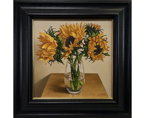 GRAHAM MCKEAN, SUNFLOWERS IN A GLASS VASE oil on canvas, signed 40cm x 40cm Framed
