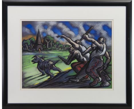 * PETER HOWSON OBE (SCOTTISH b 1958), PATRIOTS pastel on paper, signed and dated 06 45cm x 60cm Mounted, framed and under gla