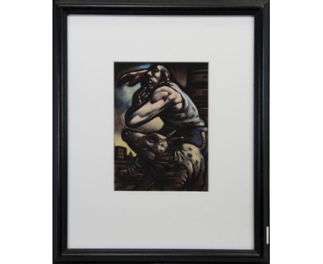 * PETER HOWSON OBE (SCOTTISH b 1958), MAN AND DOG pastel on paper, signed 29cm x 21cm Mounted, framed and under glass