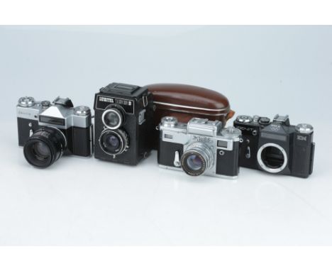 including a Lubitel 166B, a Kiev IV, a Zenit-E, and a Zenit EM, camera bodies G-VG, all untested,