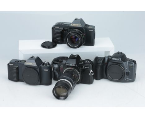 including a Canon T70, a Canon T50, a Minolta Dynax 500si, and a Minolta X-300s, all untested (4)