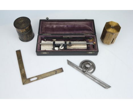 a polar planimeter by G Coraldi, Zurich, a brass surveyor's square, a French brass square &amp; level, a steel protractor (4)