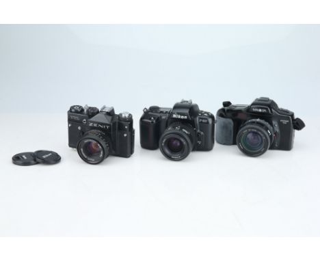 including a Nikon F-601 with a AF Nikkor 35-70mm f/3.3-4.5, a Minolta Dynax 7xi with a AF 35-105mm f/3.5-4.5, and a Zenit TTL