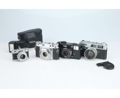 including a Konica C35 AF compact camera, a Canon Canonet QL17, a Voigtlander Prominent, and an Eljy Lumiere Club, all untest