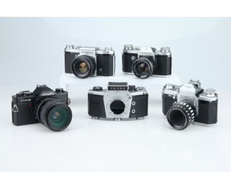 including a Praktica FX, a Pentacon F, a Wirgin Edixa Reflex-D, a VX500, and a Minolta XG9, all untested, (5),