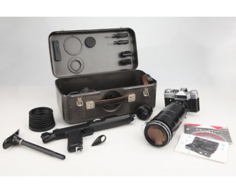 in fitted metal case with accessories and instructions, also with a Zenit ES 35mm SLR camera, also with a Helios 44-2 58mm f/