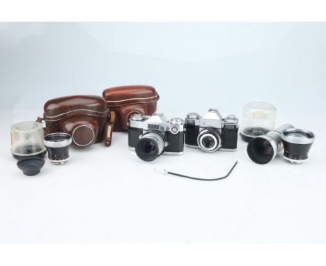 including a Zeiss Ikon Contaflex Super, body G, shutter working but blades often stick, with a Carl Zeiss Tessar 50mm f/2.8, 