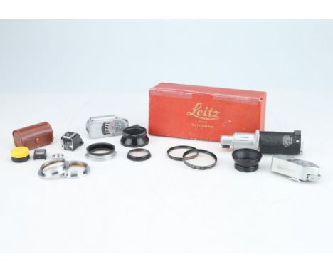 including two Leica Meters, various lens hood, several lens parts, and a Leicablitz,