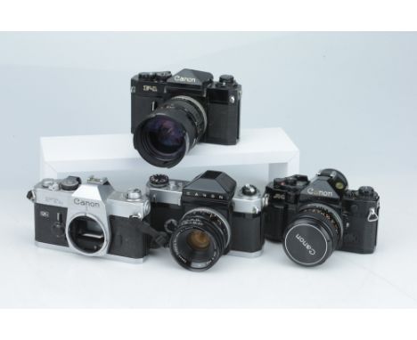 including a Canon A-1, untested, body G, with an FD 35mm f/3.5 S.C. lens, optics F, haze and cleaning marks present, also wit