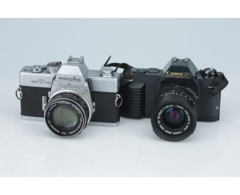 including a Canon T50, with a 35-70mm f/3.5-4.5 lens, and a Minolta SRT 101, with a MC Rokkor-PF 55mm f/1.7 lens, untested,