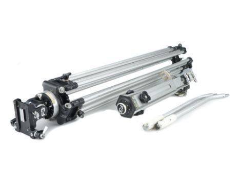 with F3 head, tripod legs, two controll arms, a leg spreader, and black plastic carry tube,