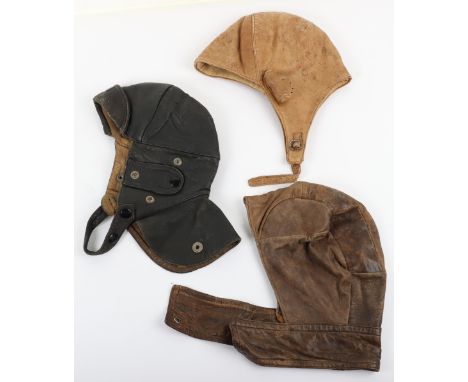 3x Early Leather Flying Helmets, including black leather example with fold up neck flap section and blanket lined interior wi