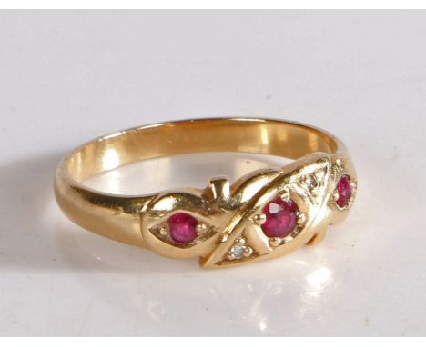 9 carat gold ruby and diamond gypsy style ring, the head set with three claw mounted round cut rubys and two diamonds, weight