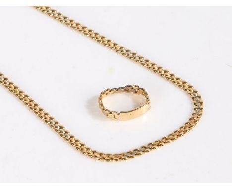 18 carat gold tri-metal gate link necklace, stamped 750, 41cm long weight 16.5 grams&nbsp;