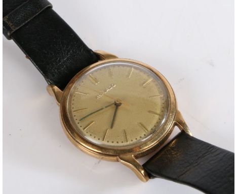 Mid 20th century Movado gentlemans wristwatch, the gilt dial with baton markers set on a unmarked yellow metal case with a bl