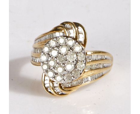 9 carat gold and diamond cluster ring, the head set with many round cut and baguette stones, weight 4.8 grams&nbsp;