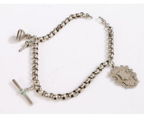 White metal fancy link pocket watch chain, with silver fob, Birmingham 1900, pocket watch key and seal, 40cm long