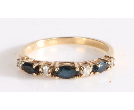 9 carat gold diamond and sapphire ring, the head set with three claw mounted sapphires and four round cut diamonds, weight 1.