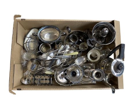 Quantity of assorted plated ware including cutlery, sugar caster, coffee pot, two toast racks, candlestick etc