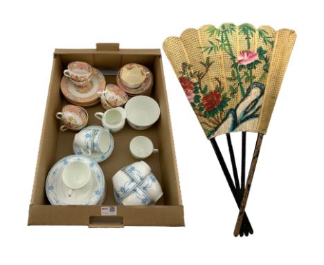 Royal Doulton Russell pattern part tea set, another tea set printed with Chinoiserie scenes and a large fan