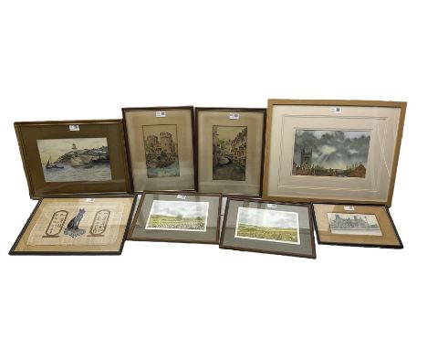 L Darcey (British early 20th century) three watercolours and one pencil sketch; two watercolours by Jack Seaman together with