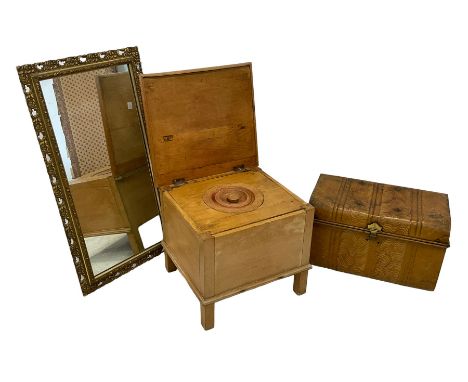 Victorian pine commode with hinged lid (W50cm); gilt framed wall mirror (54cm x 94cm); and a scumbled tin trunk (W56cm)