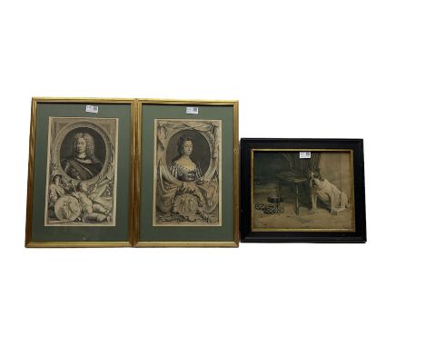 After Godfrey Kneller: 'Queen Mary' and 'John Duke of Marlborough', pair engravings; lithograph of a bulldog after Cecil Aldi