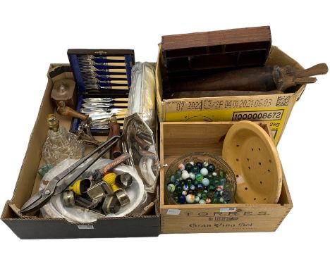 Copper tea caddy, glass marbles, silver-plated serving dish, treen and miscellanea in three boxes