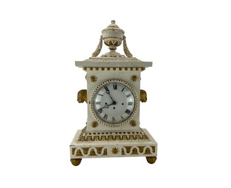 White finish mantle clock with a 19th century triple train Austrian movement with stop work in a later fabricated and painted