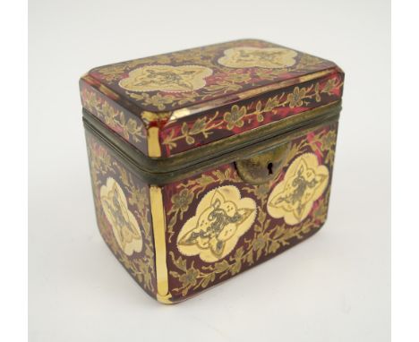 RUBY GLASS CASKET, late Victorian in the Bohemian manner with gilt floral and foliate decoration, 10cm x 6.5cm x 8.5cm.