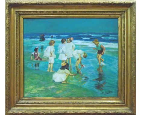 G. LE SAUX (French, XX Century), 'Playing on the shore', oil on canvas, signed lower right, 51cm x 61.5cm, gilt framed.