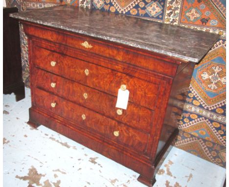 COMMODE, 19th century French Louis Philippe burr figured walnut with four long drawers and St Annes grey veined marble top, 1