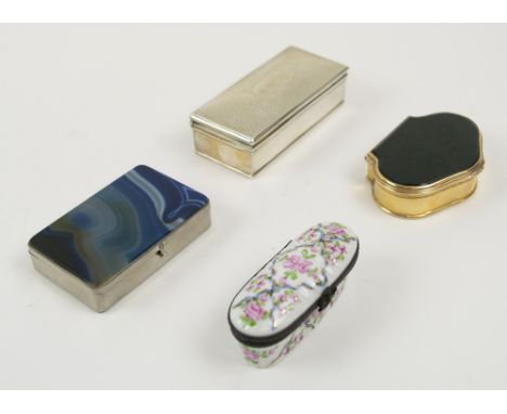 PILL BOXES, four various, silver, gilt, ceramic and agate mounted examples. (4)