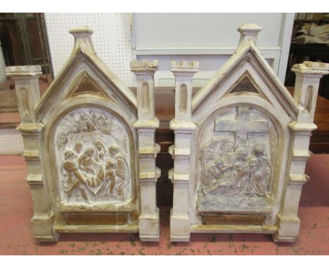 STATIONS OF THE CROSS, a set of nine, plaster cast with architectural frames and polychrome painted detail, I, II, III, IV, V