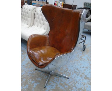 EGG CHAIR, aluminium riveted leather seat and cushion on stand, 120cm H.