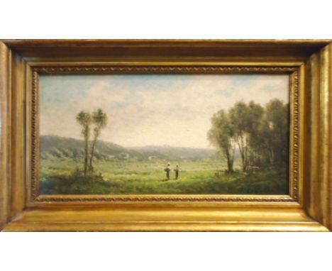 JEAN CHARLES LANGLOIS (French, 1789-1870), 'Landscape with figures', oil on canvas, 18cm x 37cm, gilt frame.