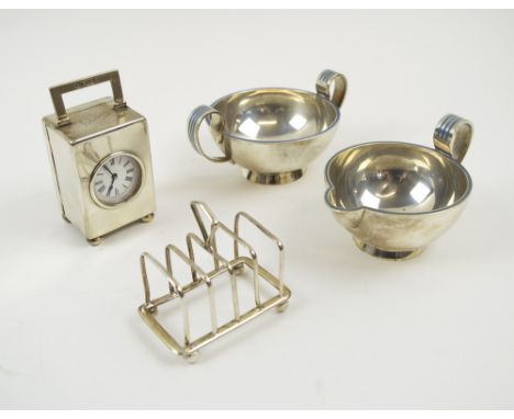 MINIATURE CARRIAGE CLOCK, with silver case, London 1900, 7.5cm H; a miniature silver toast rack (with fault); a silver and bl