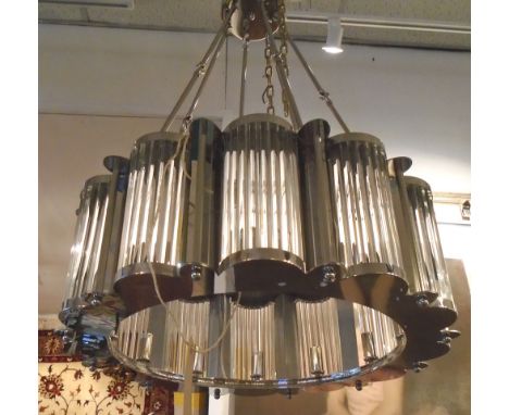 HANGING LIGHT, nickel plated with multiple glass tubular inserts, approx 105cm H.