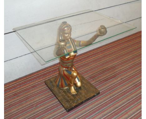 LAMP TABLE, with glass top and kneeling Egyptian figure support, 60cm x 44.5cm x 52cm H.