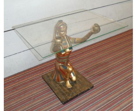 LAMP TABLE, with glass top and kneeling Egyptian figure support, 60cm x 44.5cm x 52cm H.