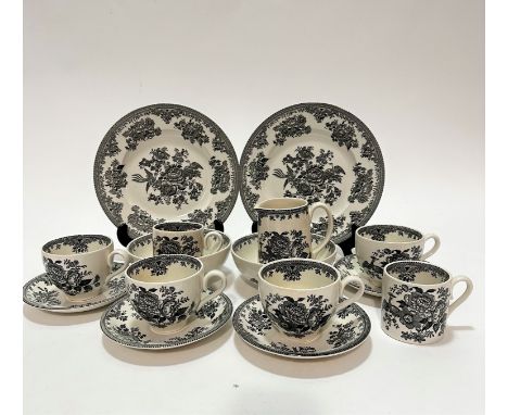 A Burleigh Ware Artistic Pheasant pattern black and white transfer printed fifteen piece set including two side plates, four 