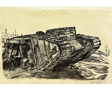 Lithographic print, blind stamped MB, World War I tank, mounted in gilt glazed frame, (34.5cm x 49cm)